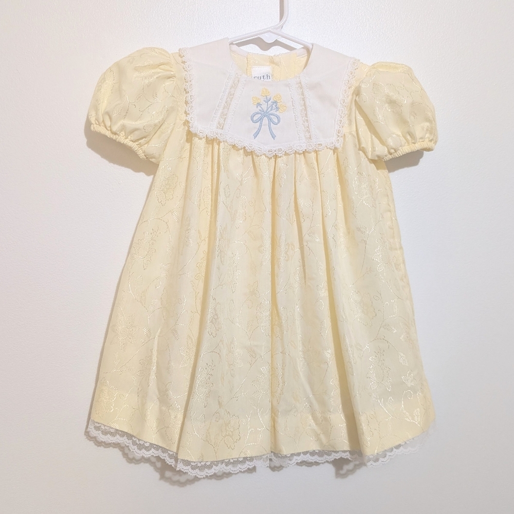 Vintage Ruth of Carolina Collared Dress Yellow Flowers  Girls 4 Puff Sleeve Lace